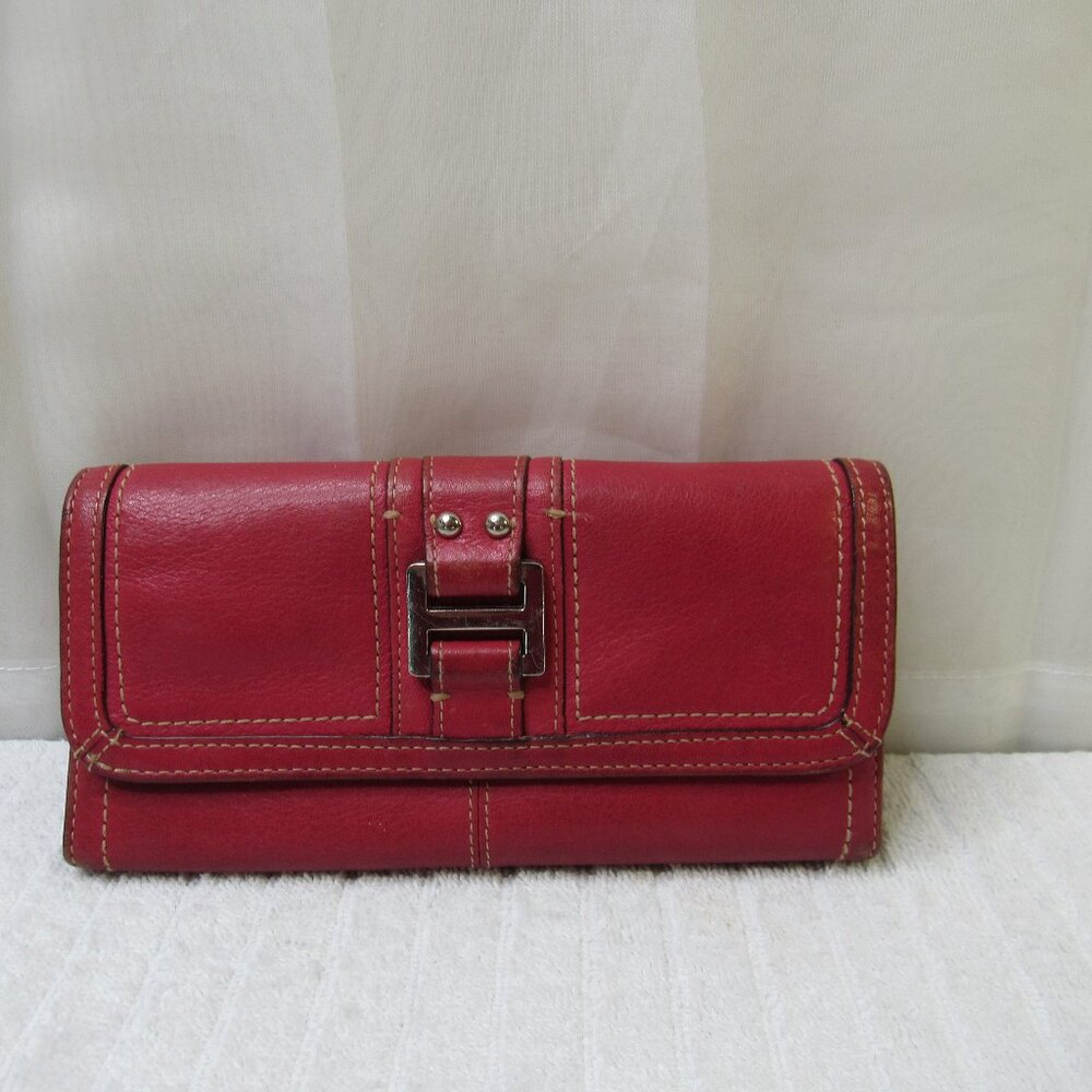 Fossil Women Wallet Leather Red Zipper Silver Square Logo Trifold Vintage Good U
